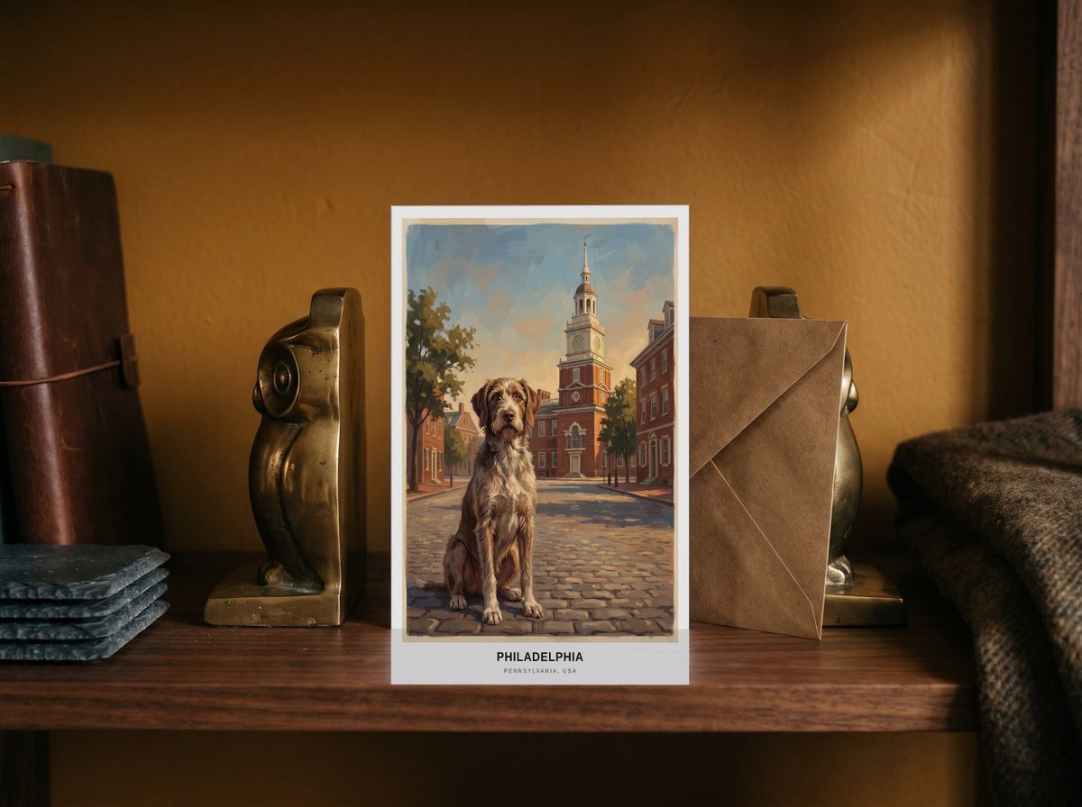 A card standing upright — between brass bookends with an envelope