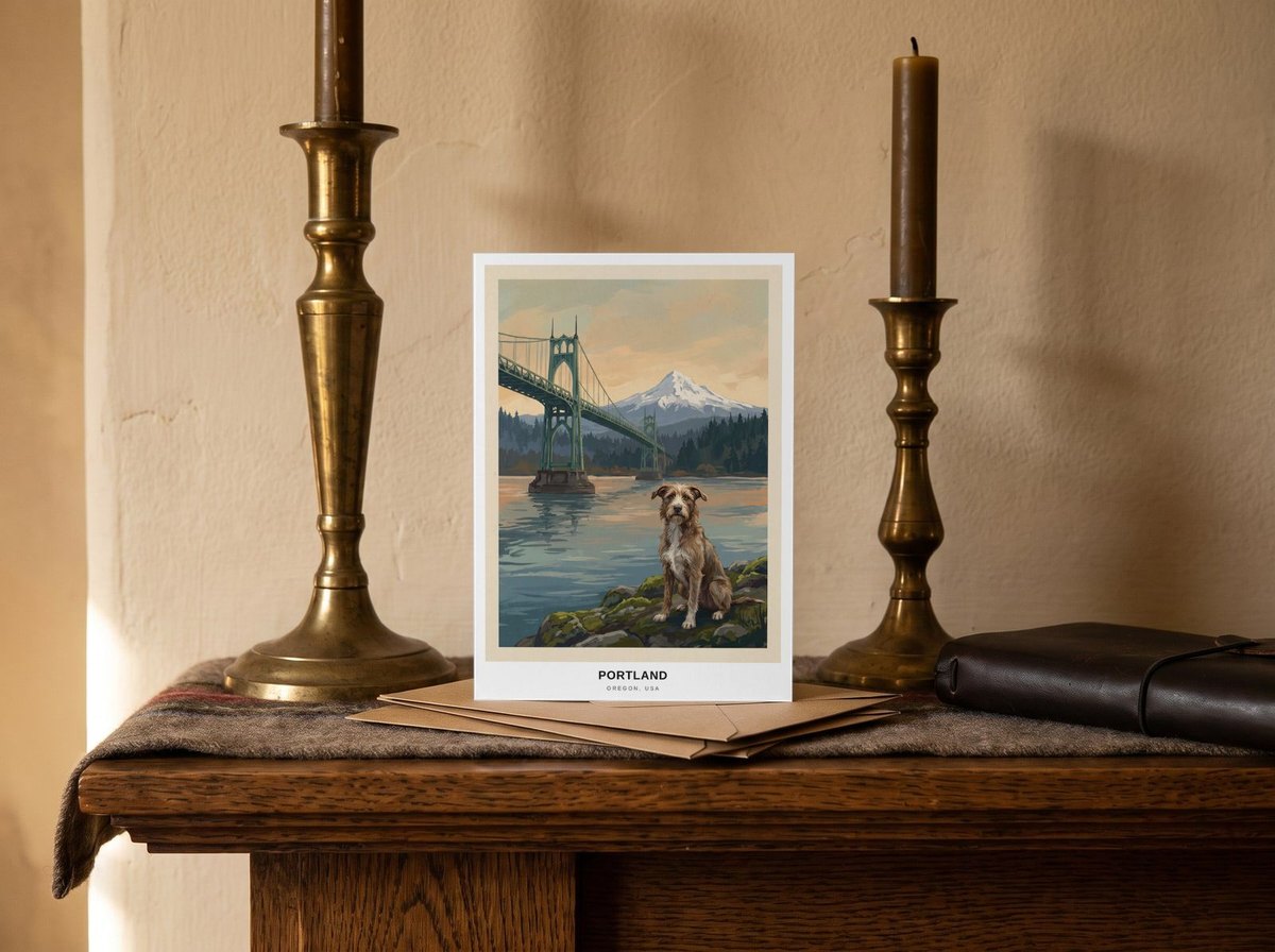 A card standing upright — on a mantel between brass candlesticks