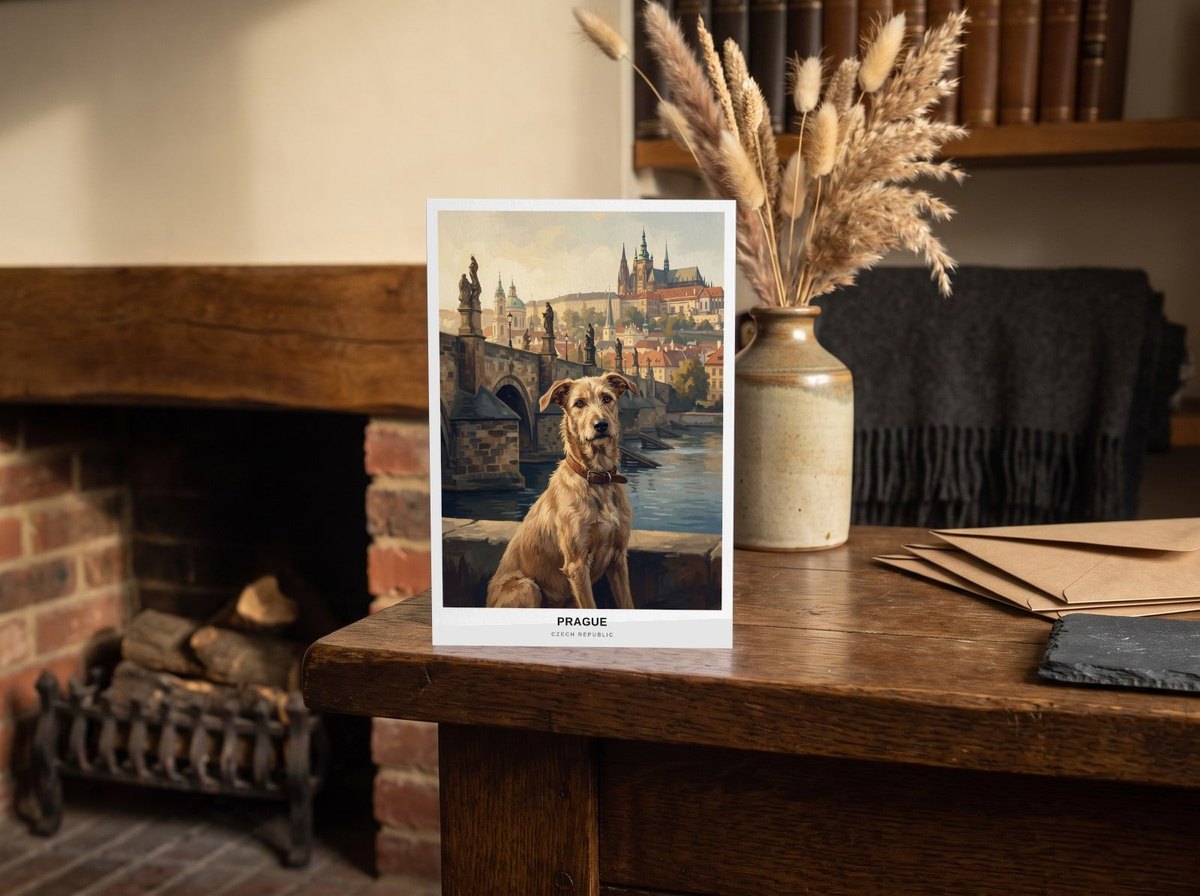 A card standing upright — on an oak mantel beside a vase of dried grasses