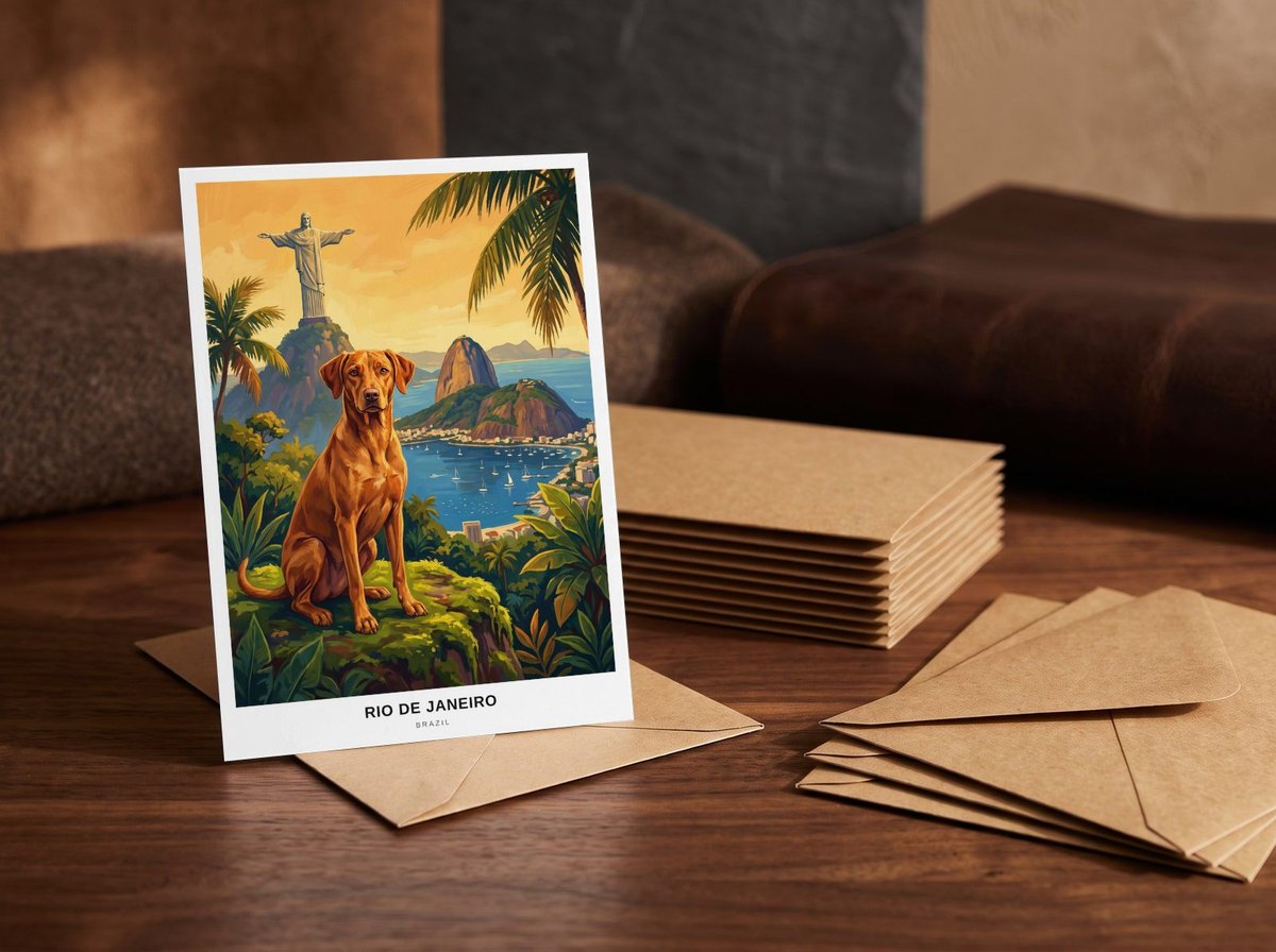 A card standing upright — in front of a stack of matching cards and fanned envelopes