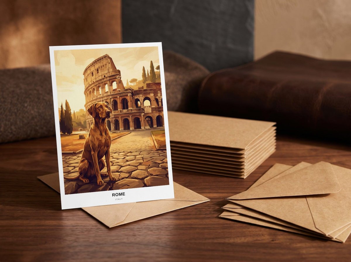 A card standing upright — in front of a stack of matching cards and fanned envelopes