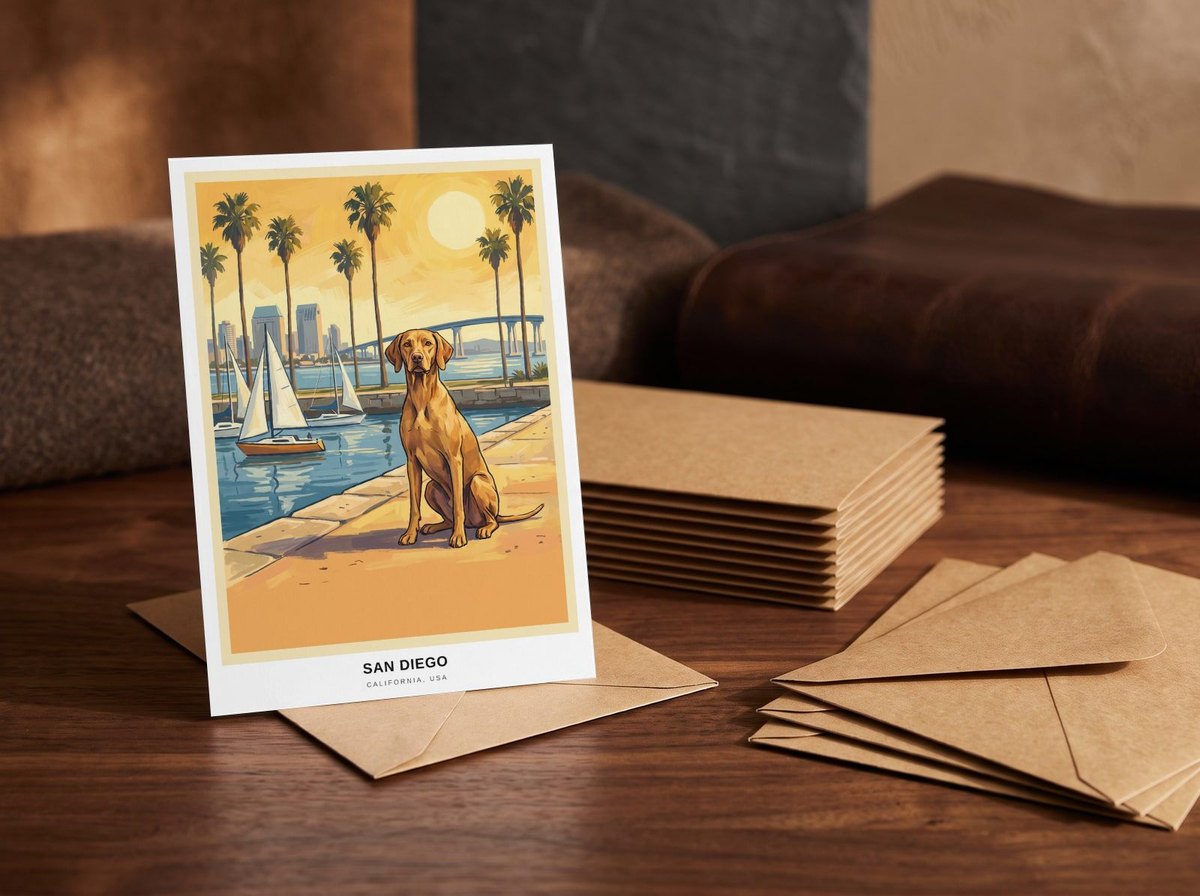A card standing upright — in front of a stack of matching cards and fanned envelopes