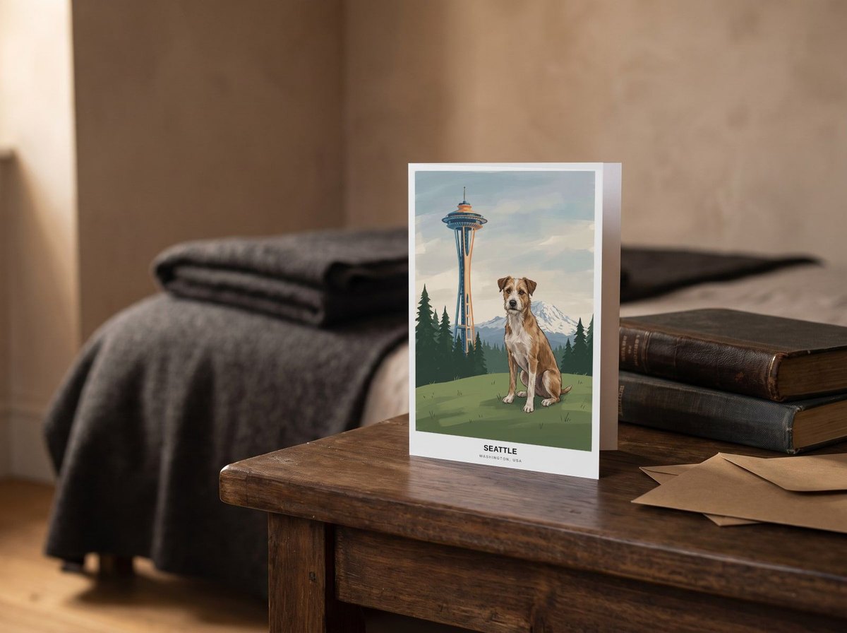 A card standing upright — on a bedside table beside two books