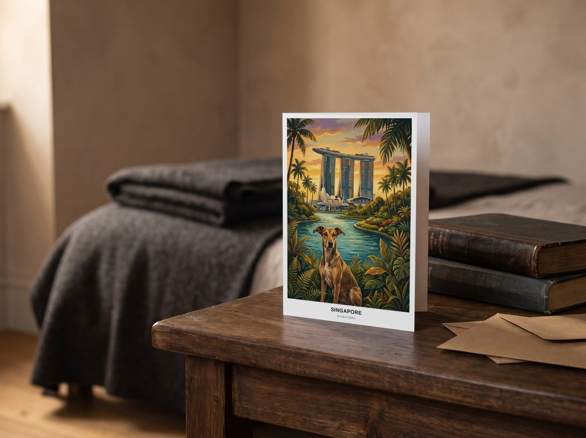 A card standing upright — on a bedside table beside two books