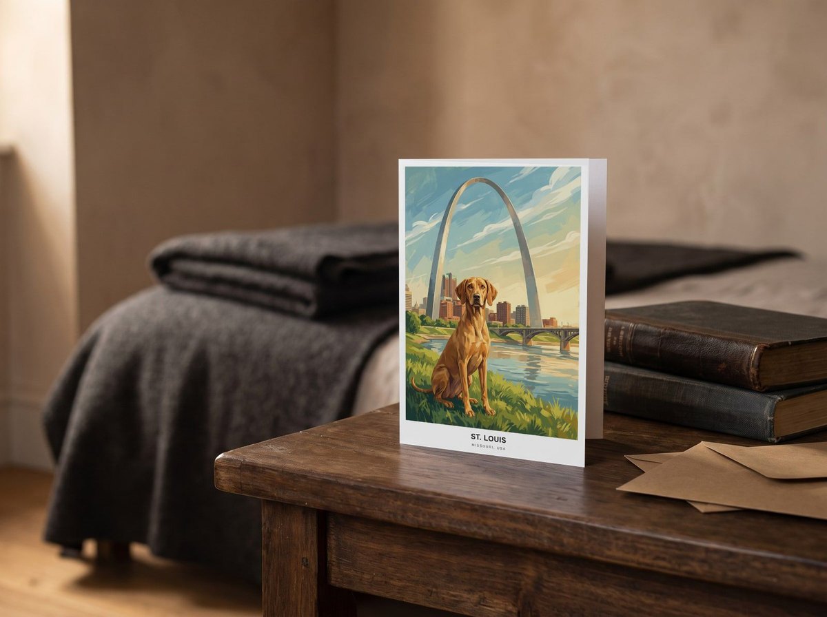 A card standing upright — on a bedside table beside two books