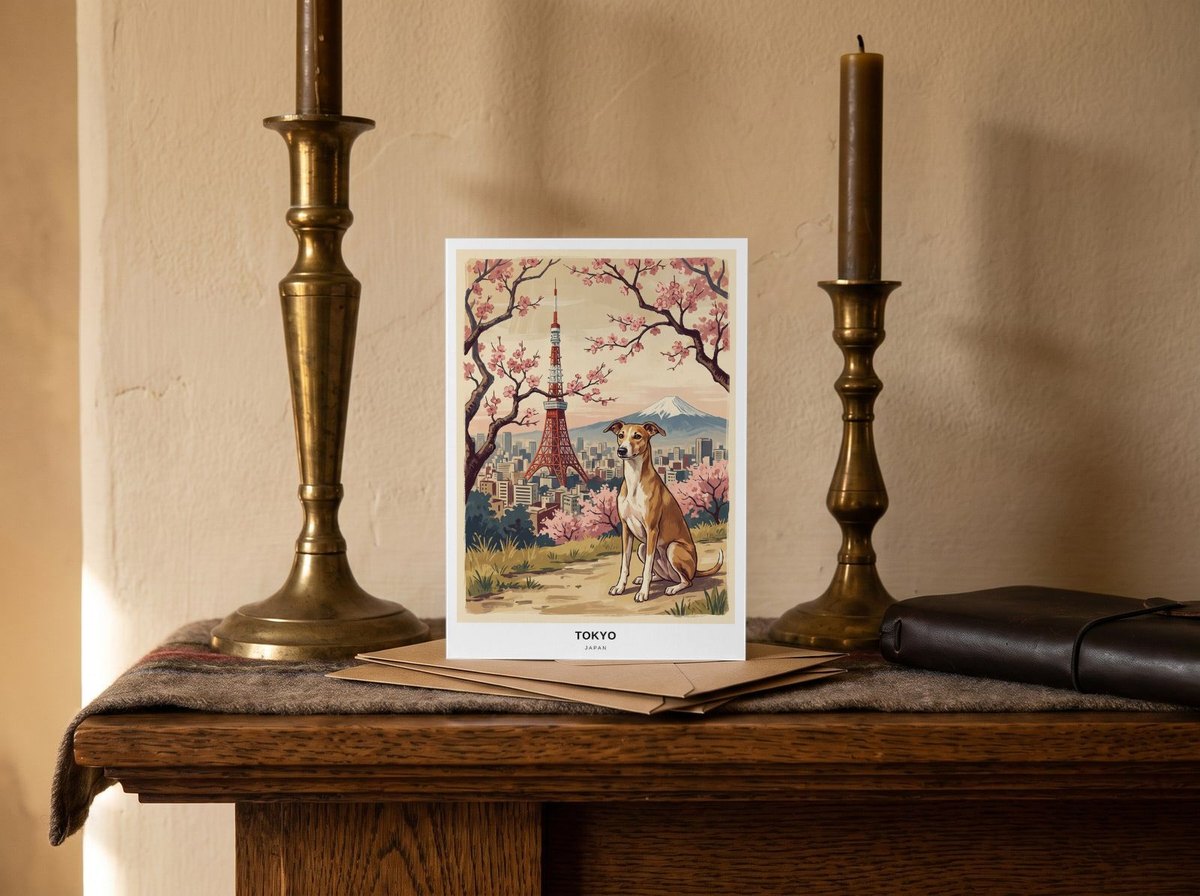 A card standing upright — on a mantel between brass candlesticks