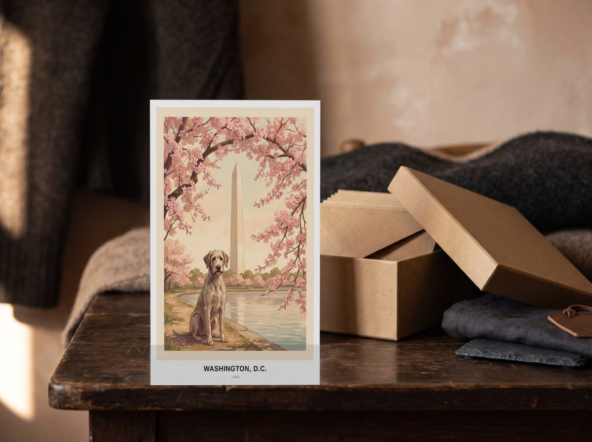 A card standing upright — in front of an open kraft box of envelopes