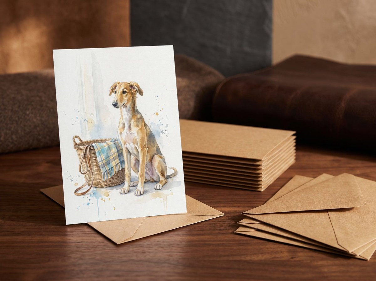 A card standing upright — in front of a stack of matching cards and fanned envelopes
