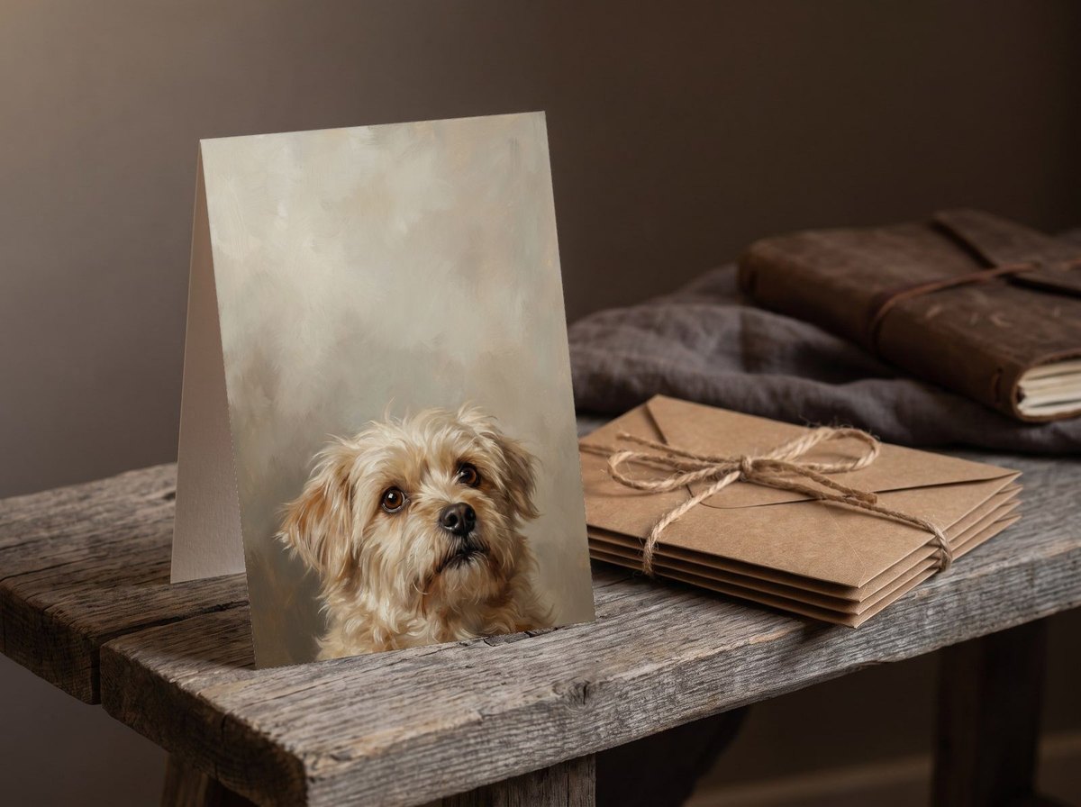 A card standing upright — beside a twine-tied bundle of kraft envelopes on a bench