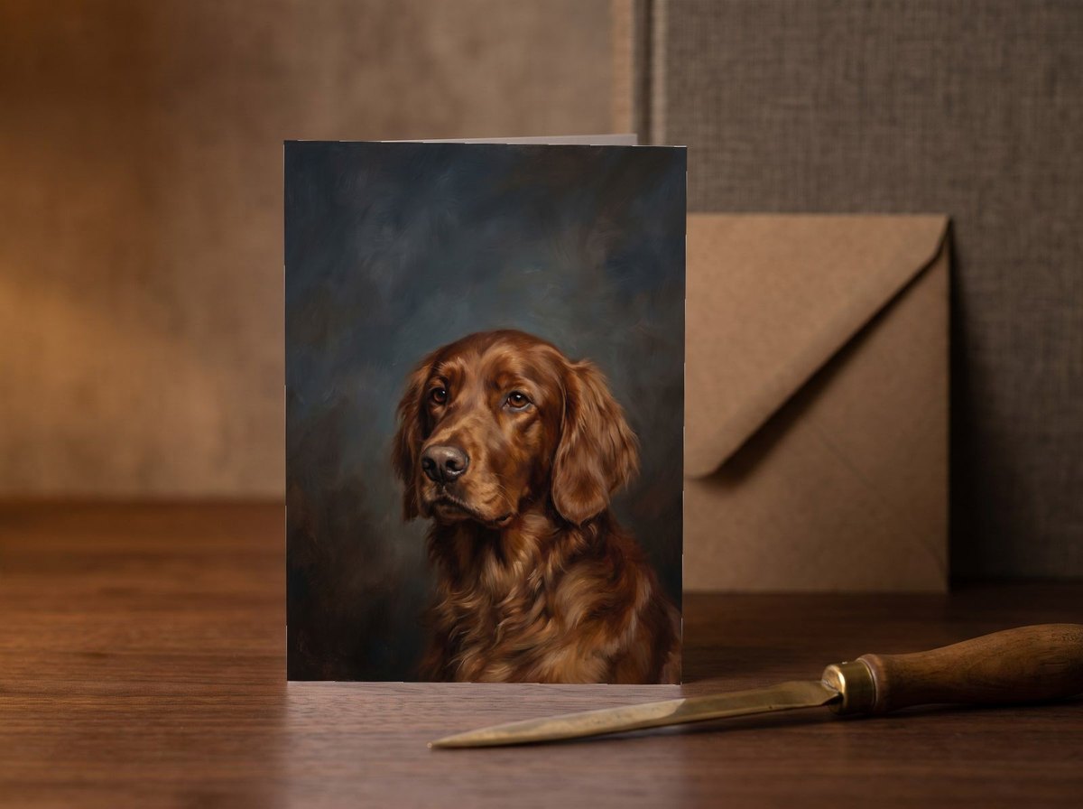 A card standing upright — on a walnut desk with one envelope leaning behind it