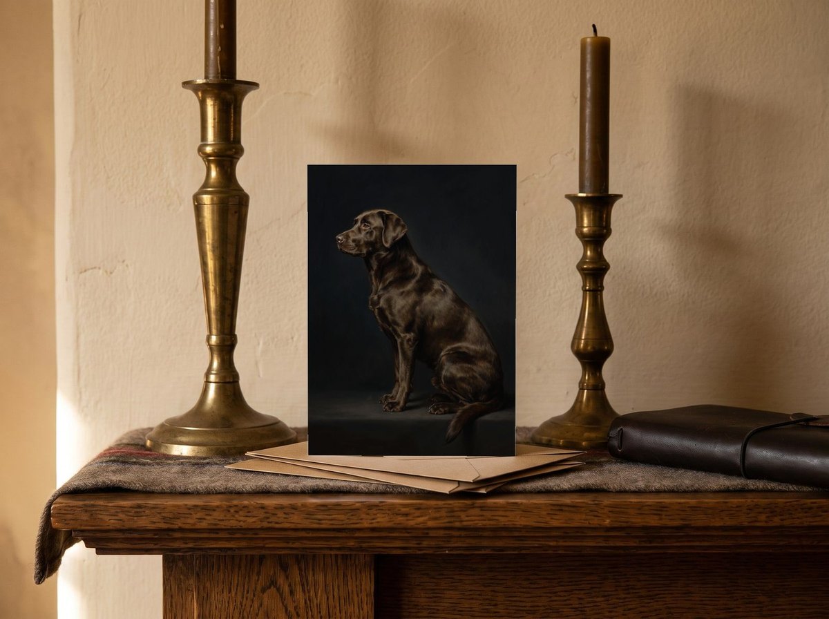 A card standing upright — on a mantel between brass candlesticks