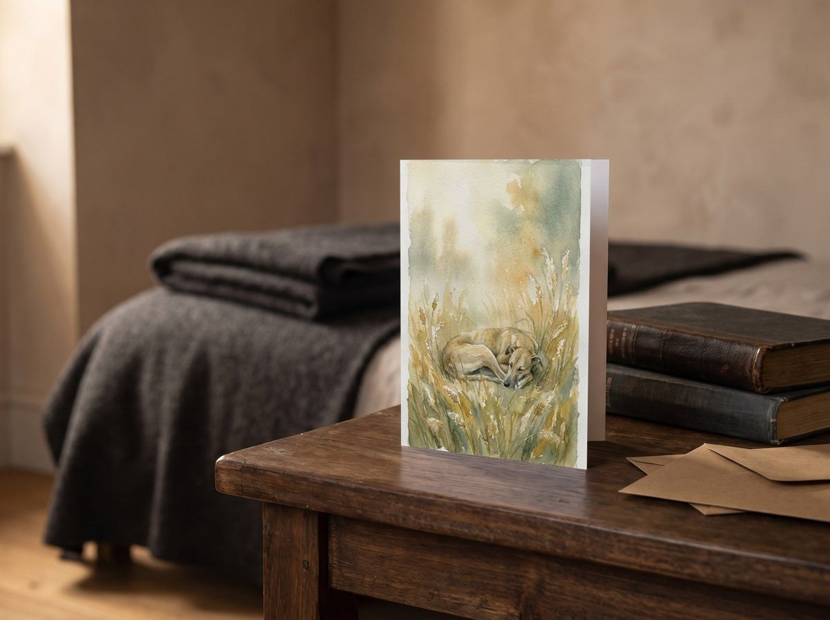 A card standing upright — on a bedside table beside two books