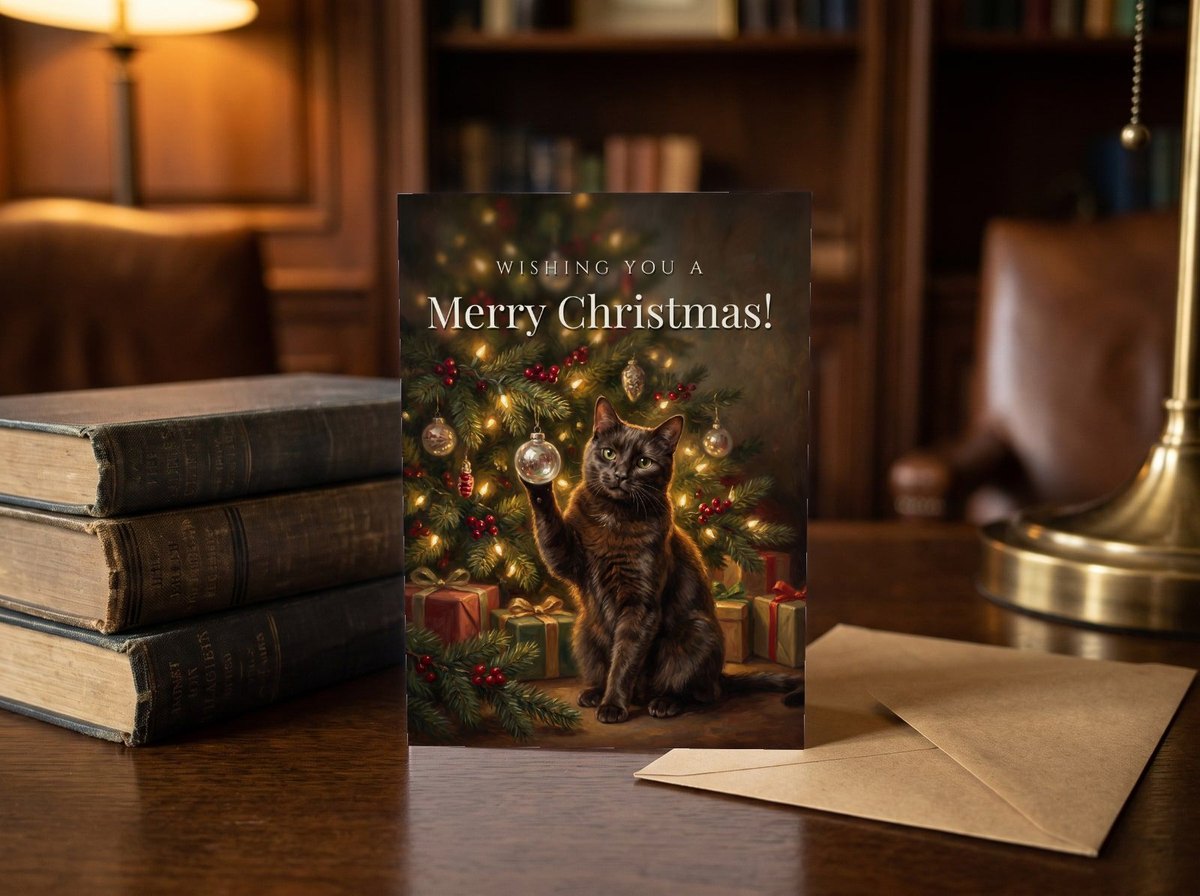 A card standing upright — on a library desk between old books and an envelope