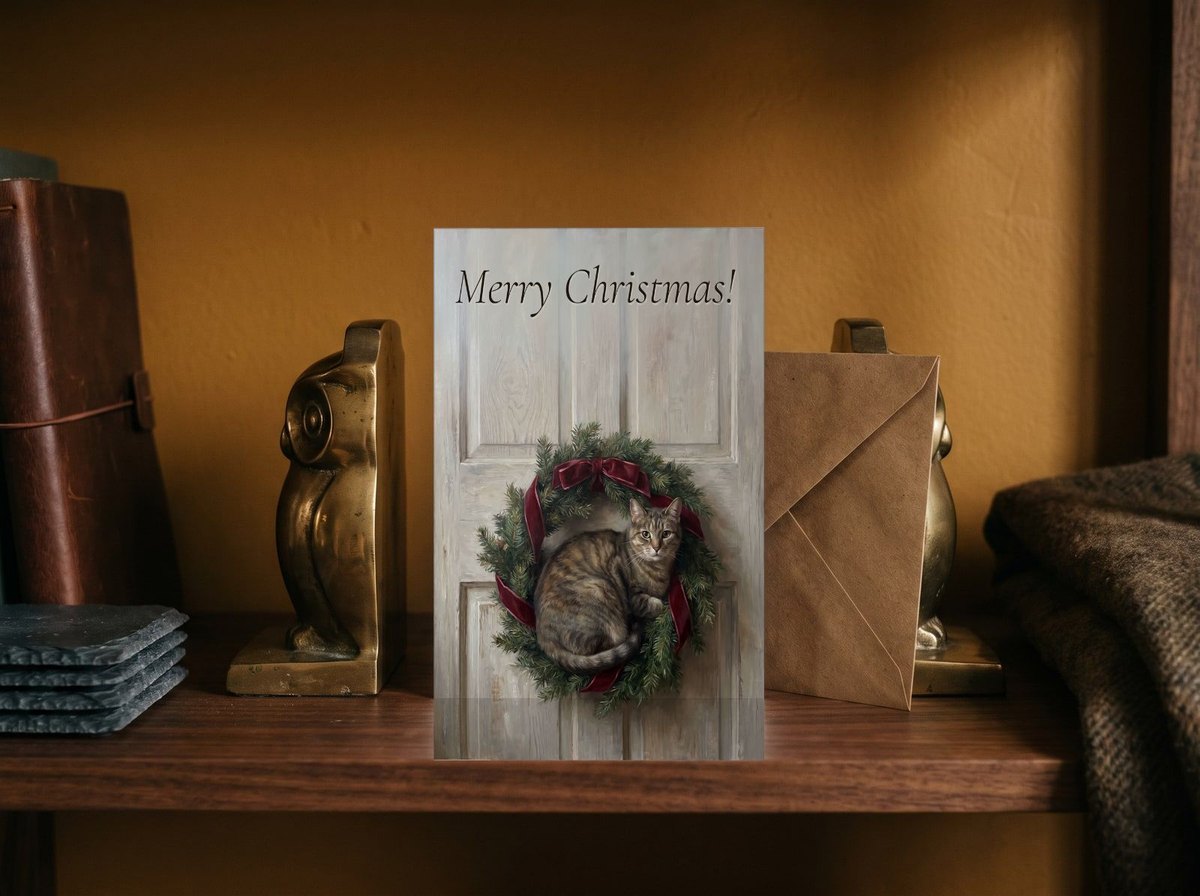 A card standing upright — between brass bookends with an envelope