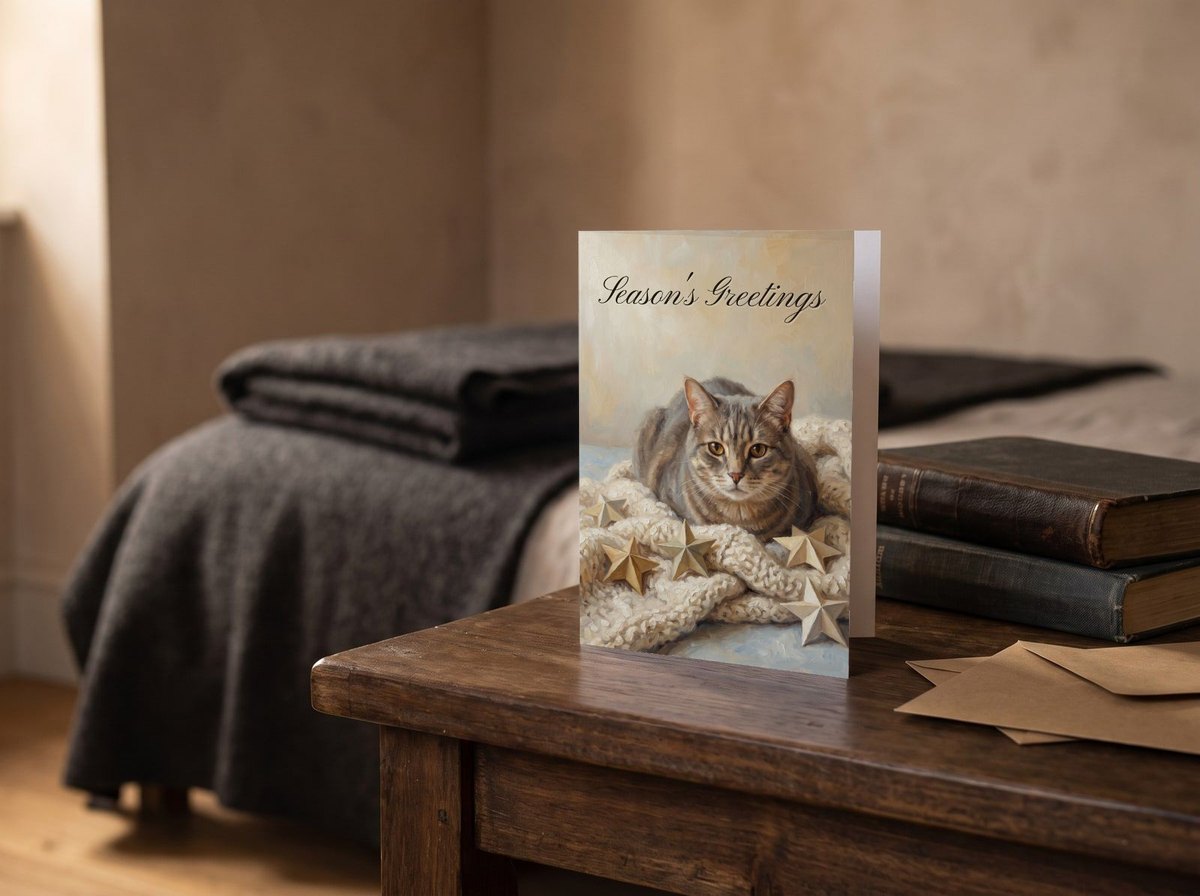 A card standing upright — on a bedside table beside two books