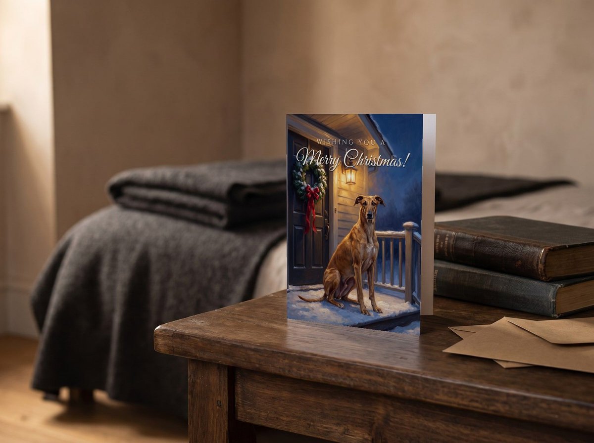 A card standing upright — on a bedside table beside two books