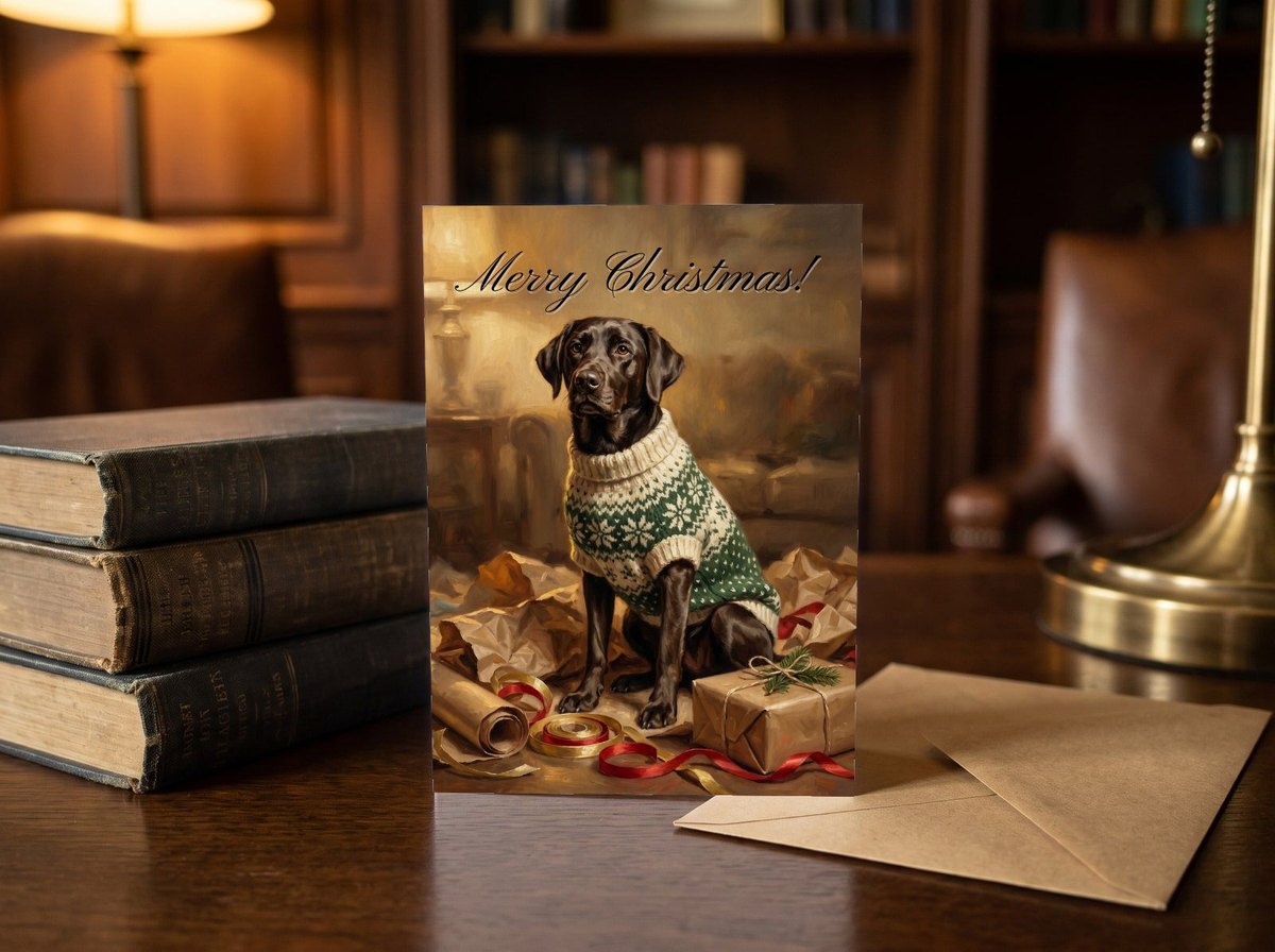 A card standing upright — on a library desk between old books and an envelope