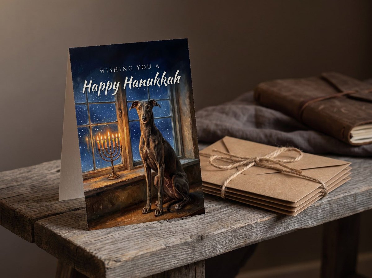 A card standing upright — beside a twine-tied bundle of kraft envelopes on a bench