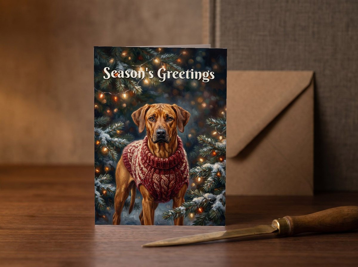 A card standing upright — on a walnut desk with one envelope leaning behind it