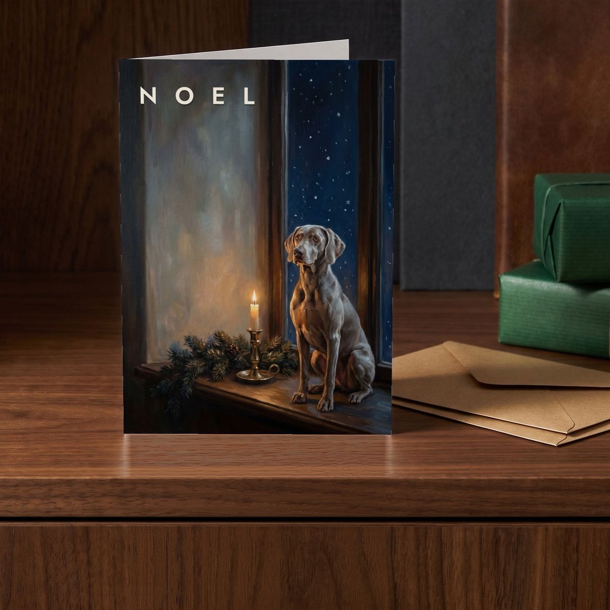 A folded card standing on a walnut sideboard beside two presents wrapped in green