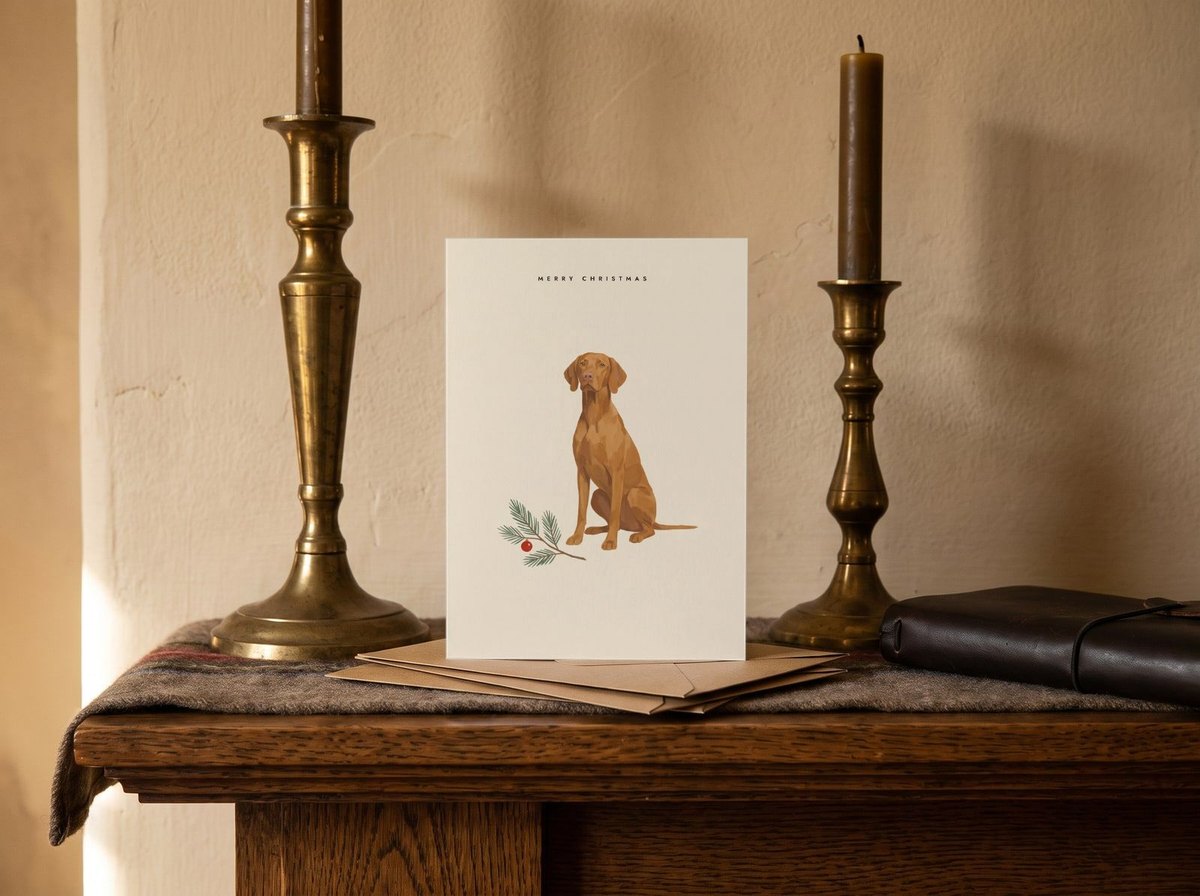 A card standing upright — on a mantel between brass candlesticks