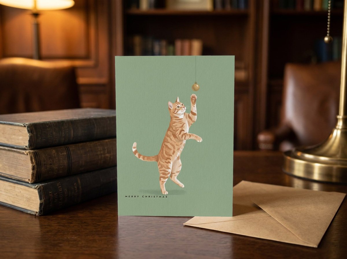 A card standing upright — on a library desk between old books and an envelope