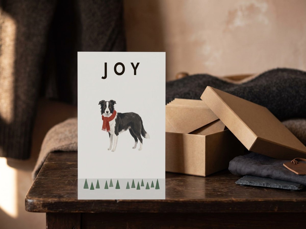A card standing upright — in front of an open kraft box of envelopes