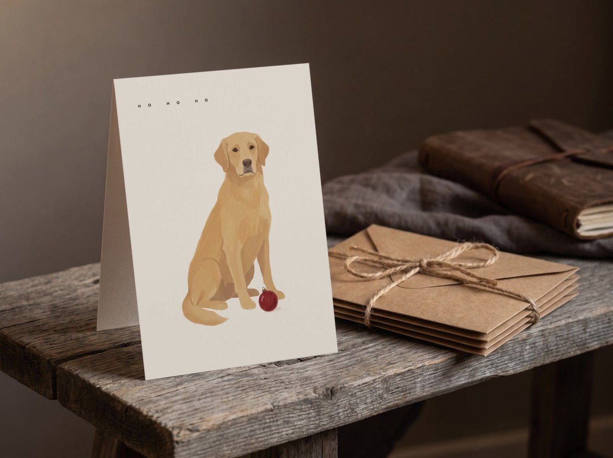 A card standing upright — beside a twine-tied bundle of kraft envelopes on a bench