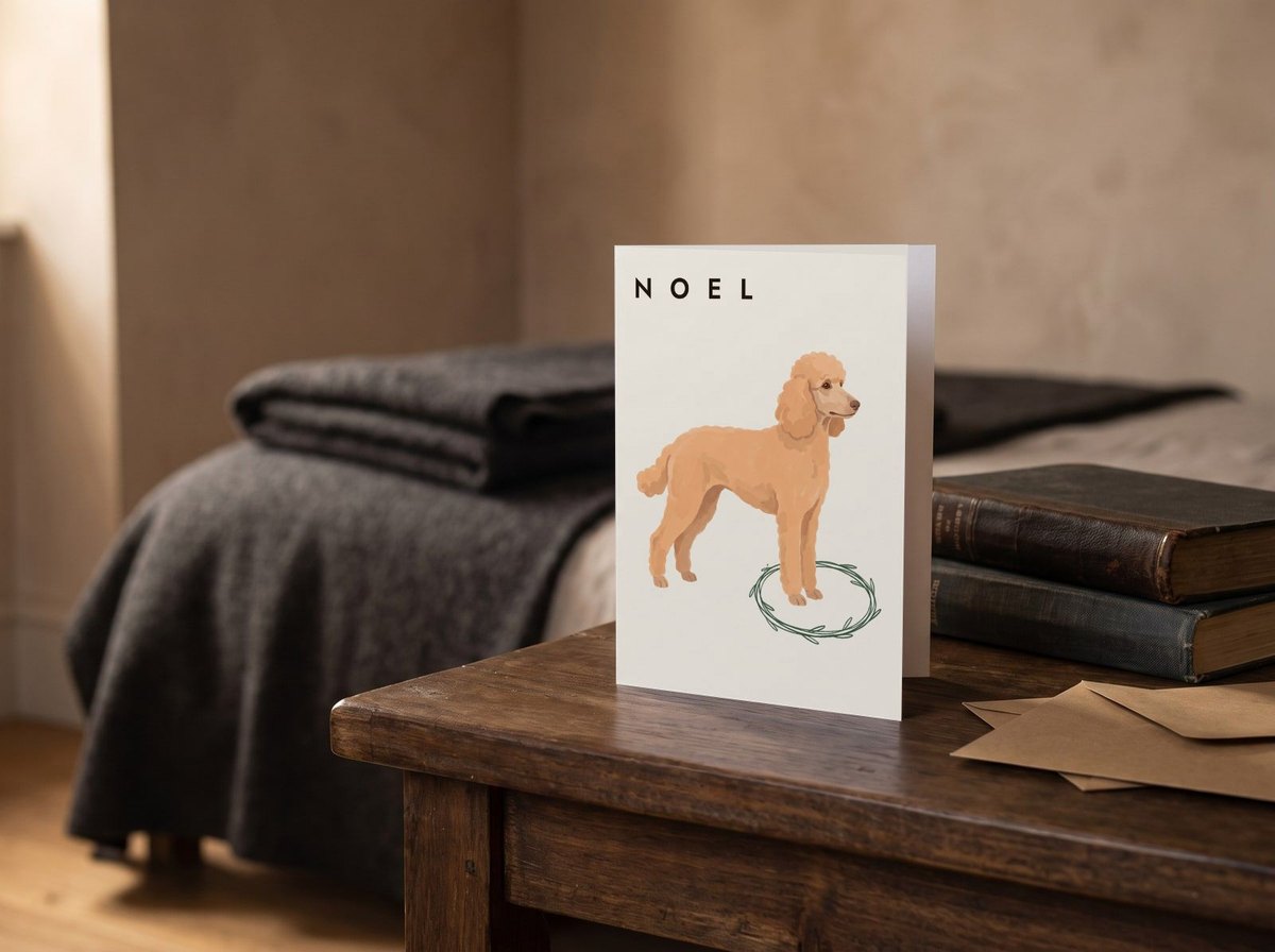 A card standing upright — on a bedside table beside two books
