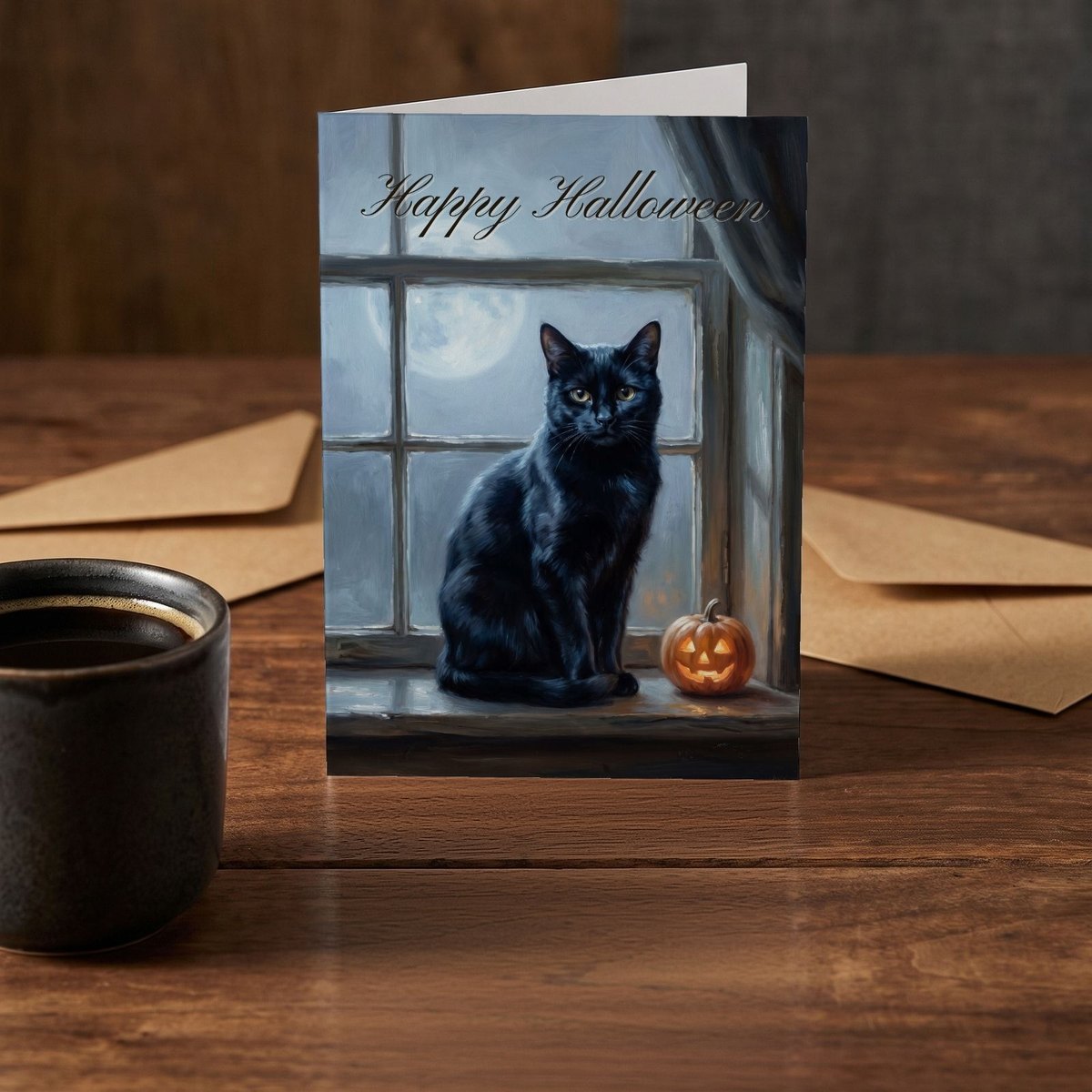 A folded card standing on a rustic wood table beside a mug of coffee