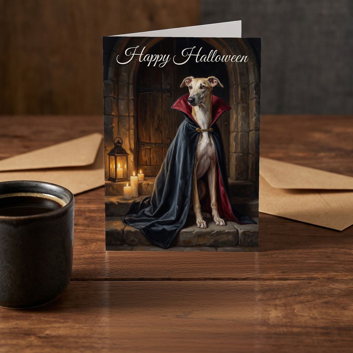 A folded card standing on a rustic wood table beside a mug of coffee