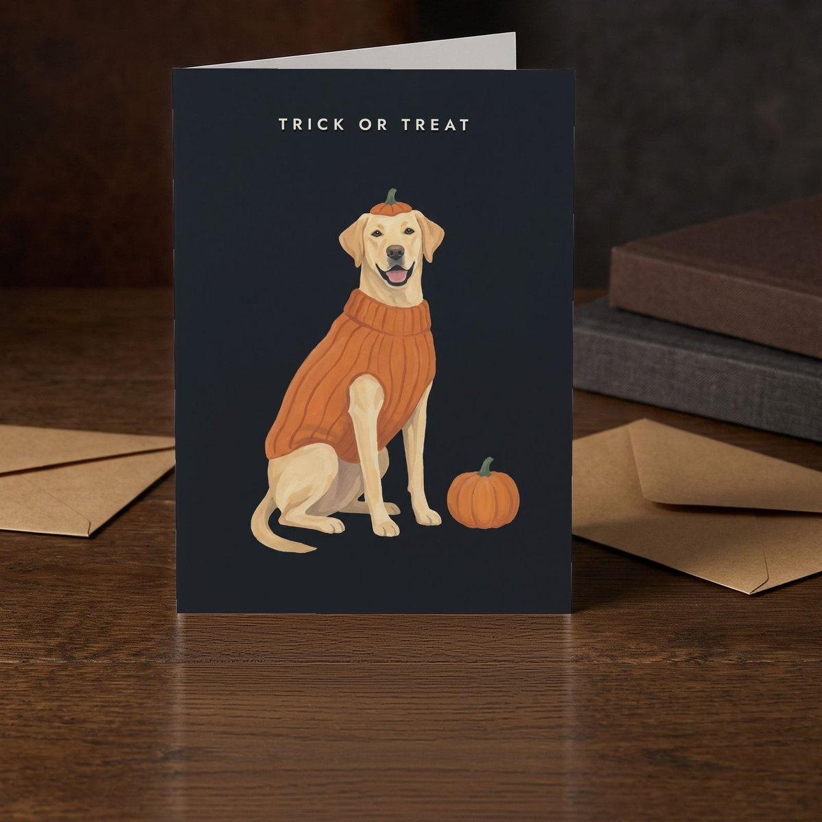 A folded card standing on a dark oak table beside two clothbound books