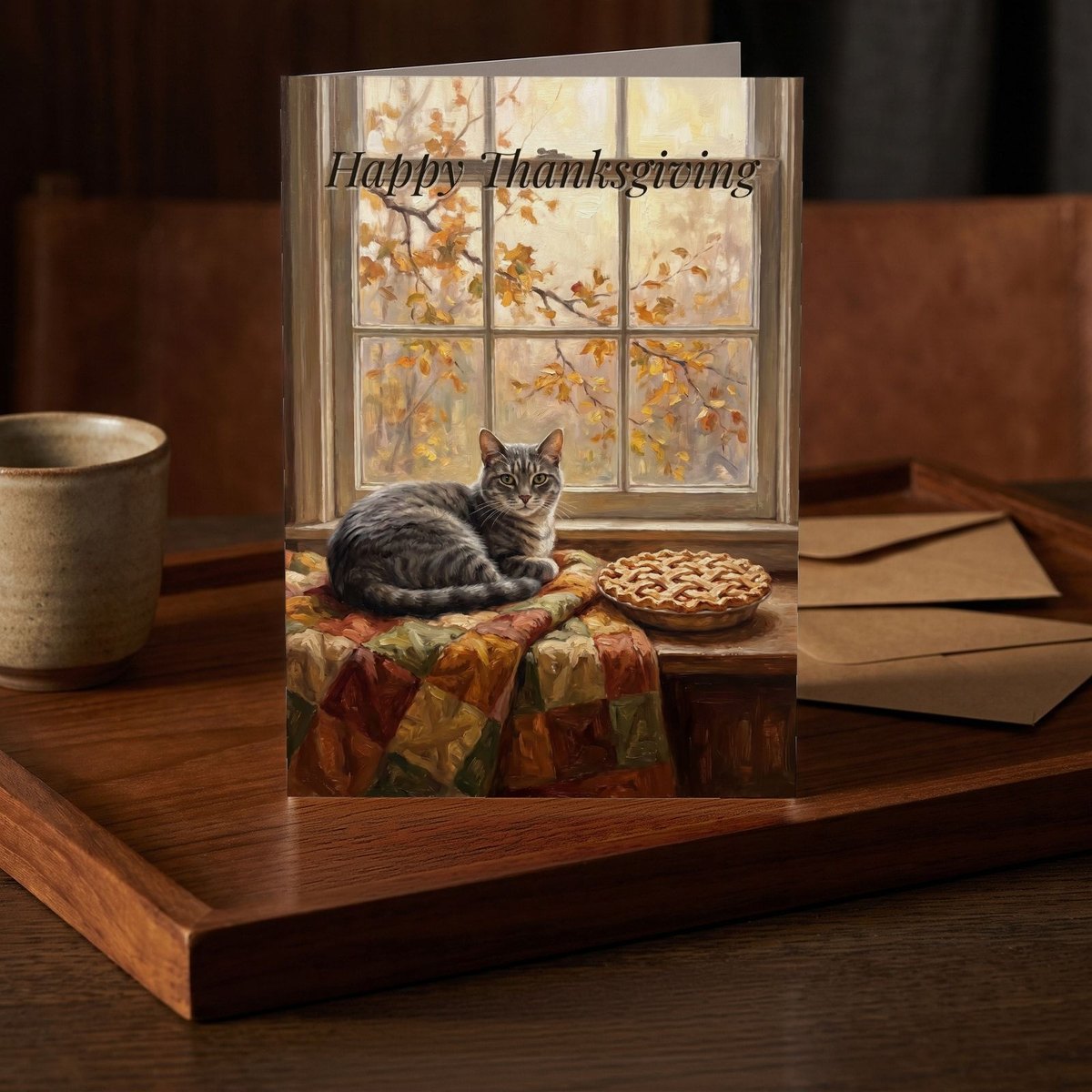 A folded card standing on a dark teak tray beside a small stoneware cup