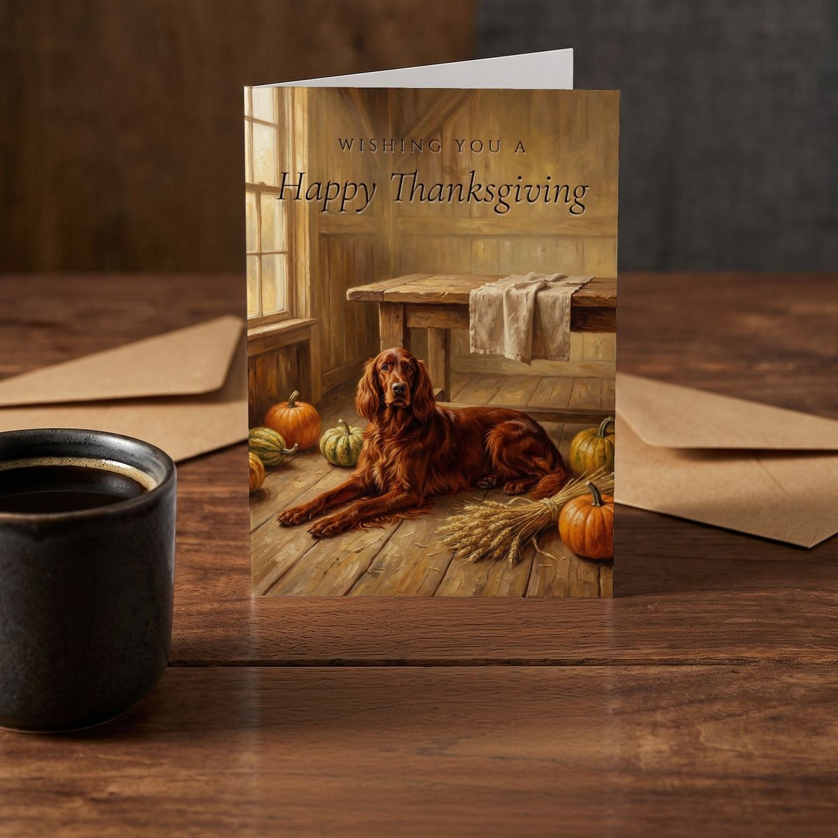 A folded card standing on a rustic wood table beside a mug of coffee