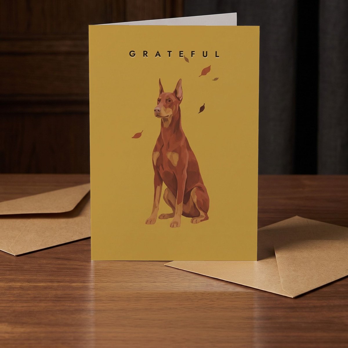 A folded card standing on a warm walnut table in a dim room