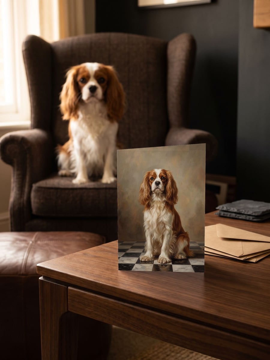 The Aristocrat card on a side table, with a Cavalier King Charles Spaniel in the wingback chair behind it
