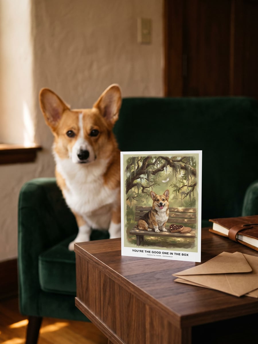 The Bench in Savannah card on a side table, with a Pembroke Welsh Corgi in the armchair behind it