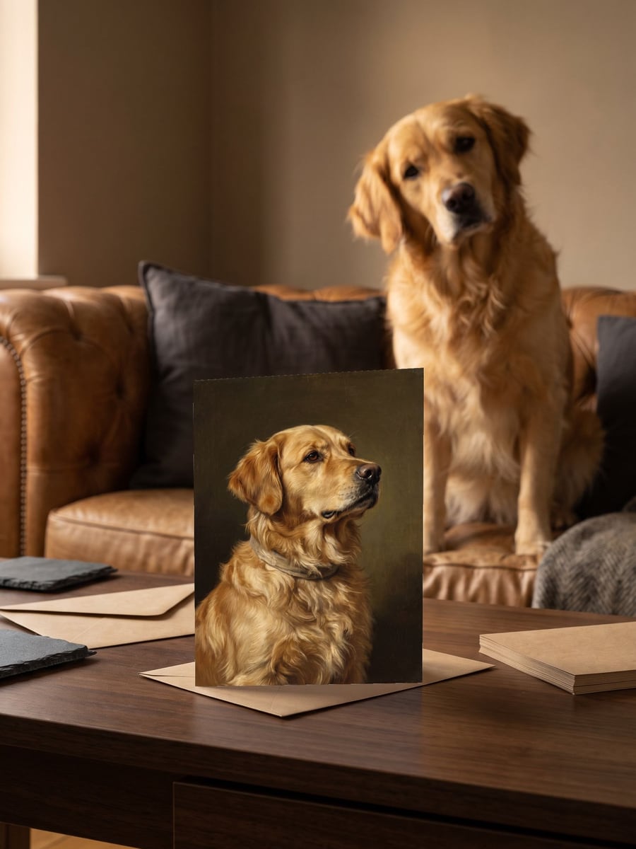 The Keepsake card on a coffee table, with a golden retriever on the chesterfield behind it